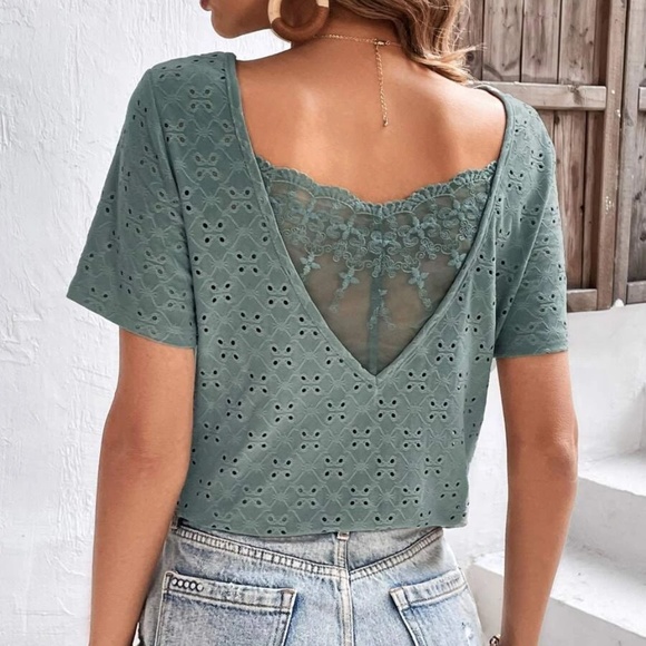 Boho Lace Eyelet Short Sleeve Top - Picture 6 of 11
